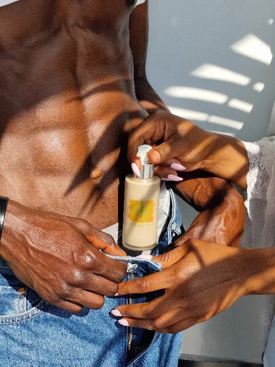 Close-up of Mbembi’s chemical-free, organic men’s intimate wash, showcased against a natural backdrop