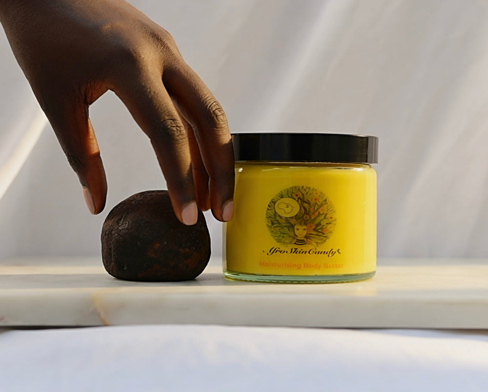 Natural eczema-prone skin care routine with herbal soap and moisturising body butter