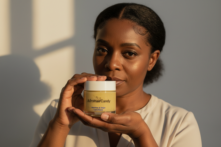 Natural hair model holding AfroHairCandy Hairline & Edge Balm for textured hair